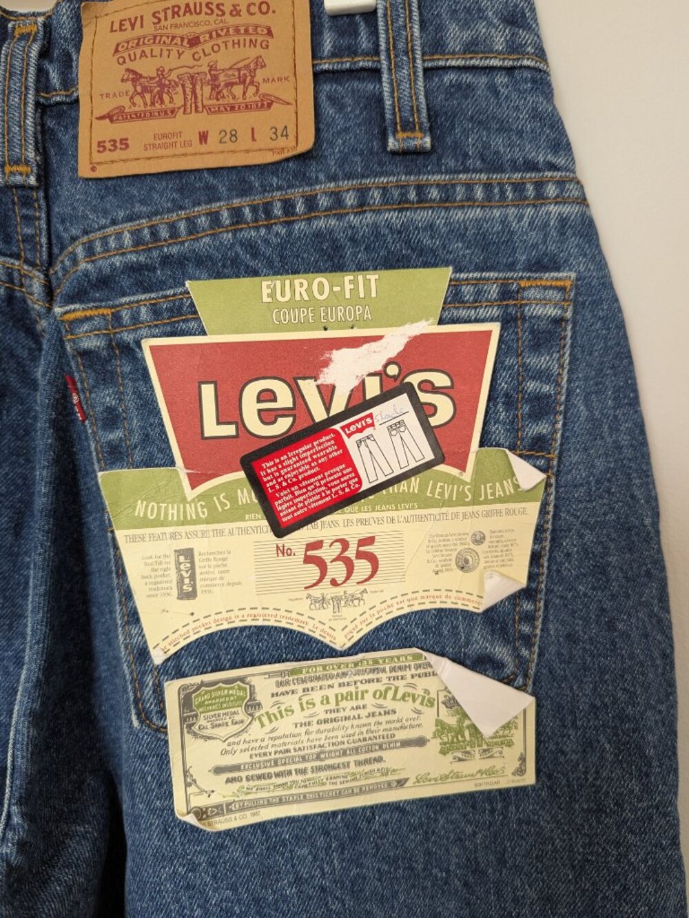 Vintage 1990’s  Euro Fit Levis 535, Straight Leg, Deadstock NWT, Size 28x34